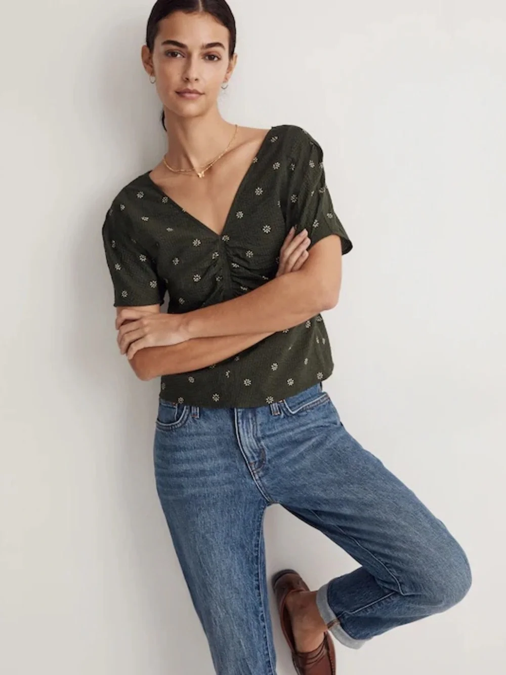 Madewell Voile Puff-Sleeve Top 10 large Floral green 100% Cotton short v-neck